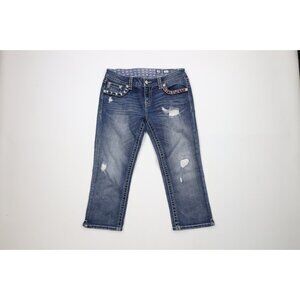 Miss Me Womens 29 Thick Stitch USA Flag Signature Cuffed Capri Denim Jeans Blue